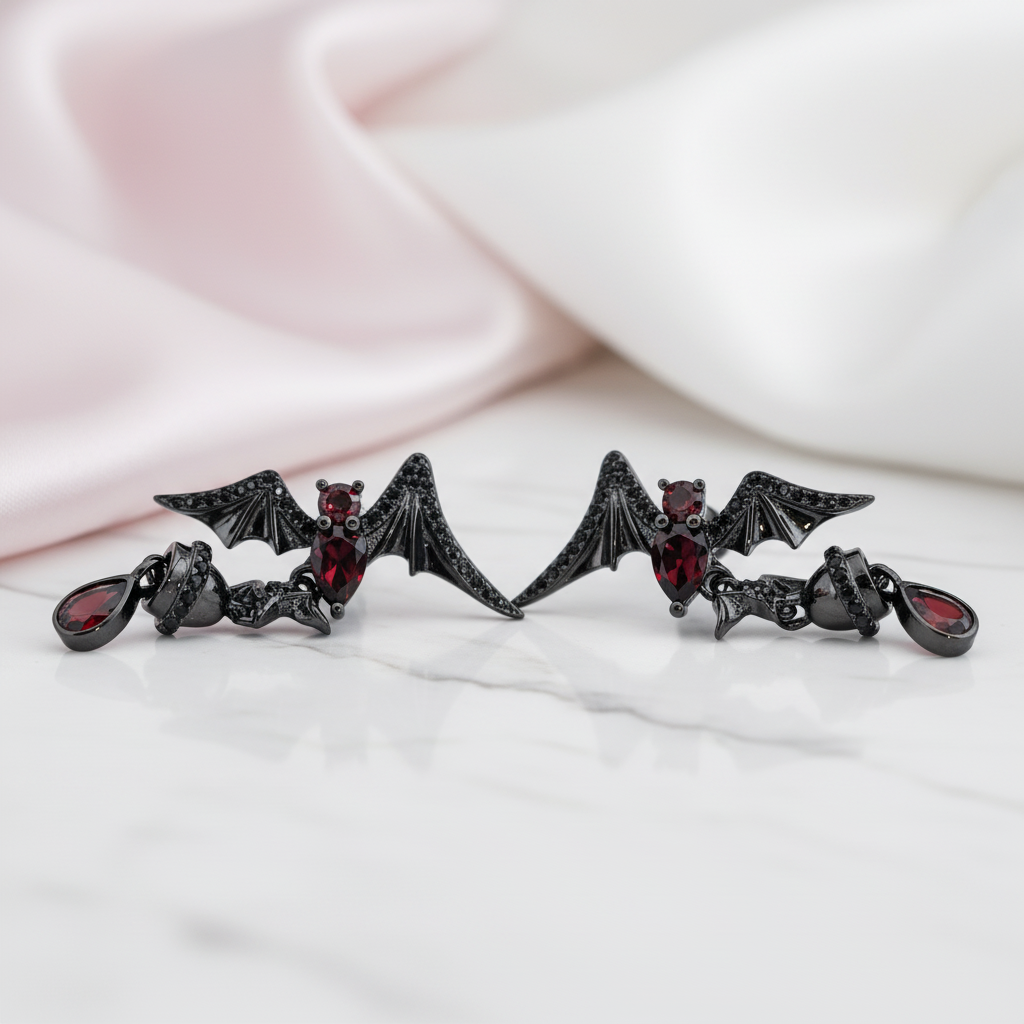 Bat Shaped Garnet Vintage Gothic Punk Earrings