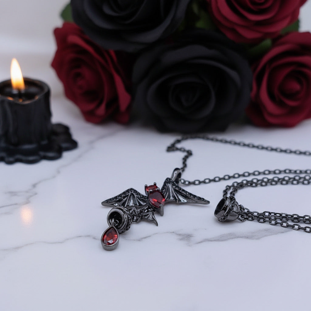 Bat Shaped Garnet Vintage Gothic Punk Necklace
