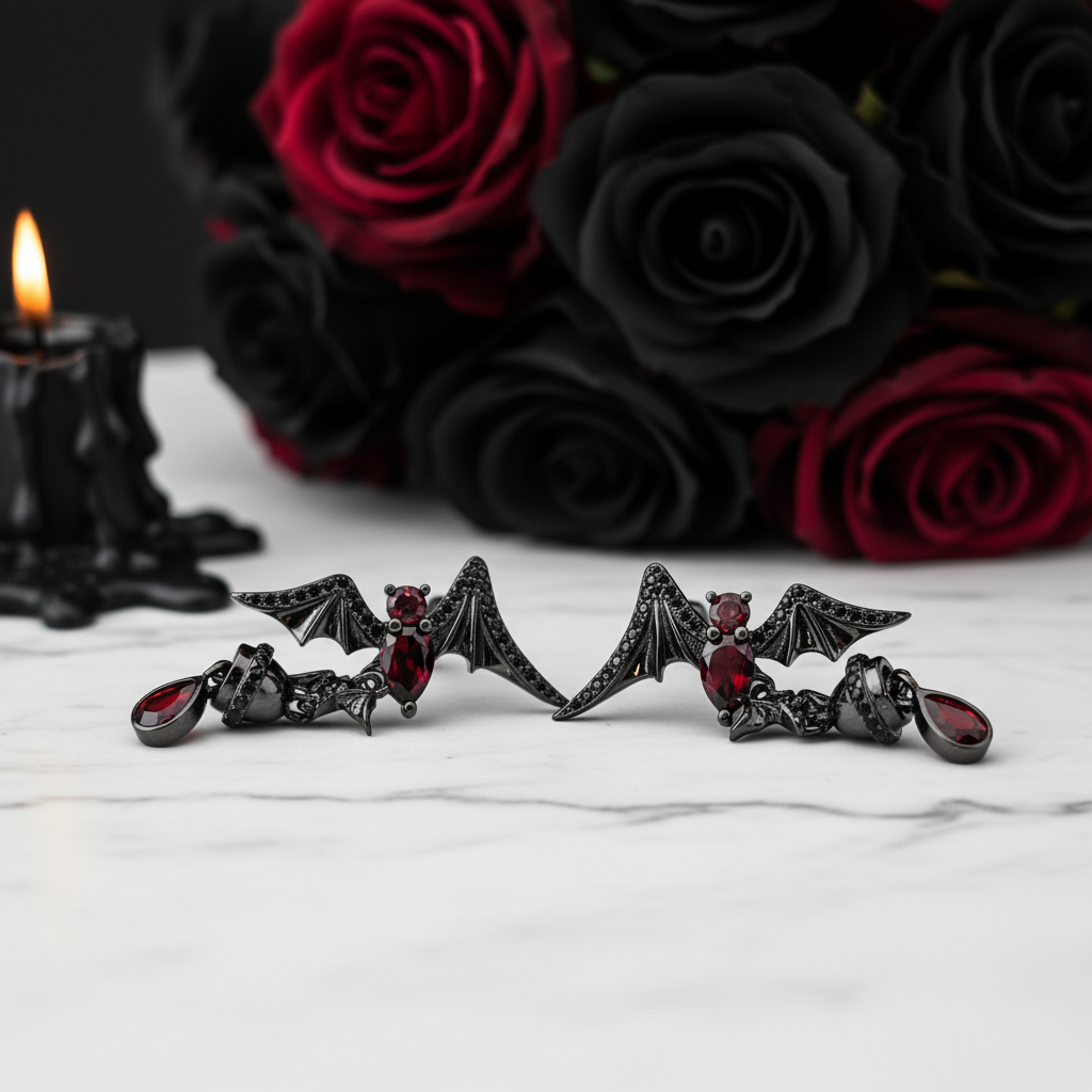Bat Shaped Garnet Vintage Gothic Punk Earrings