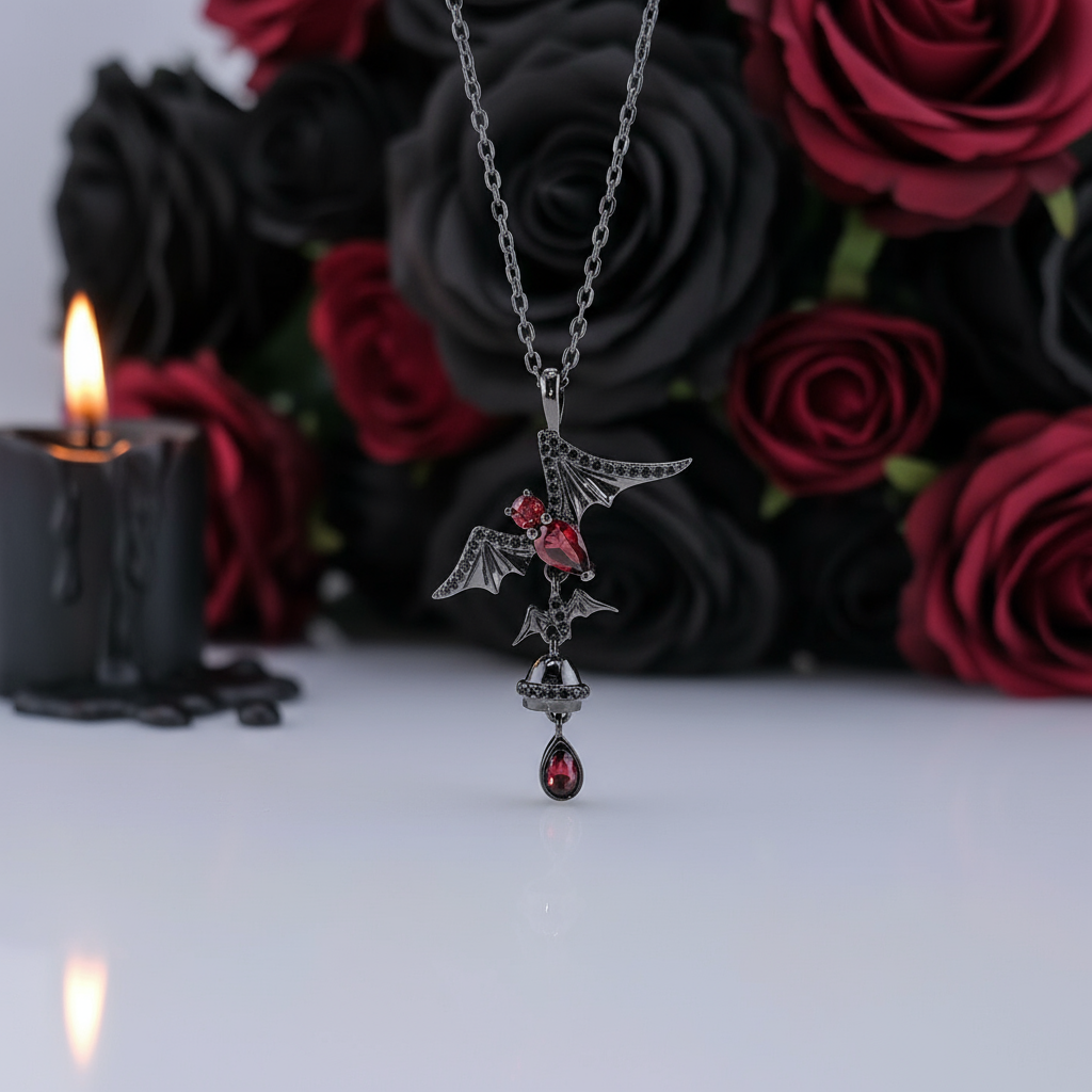Bat Shaped Garnet Vintage Gothic Punk Necklace