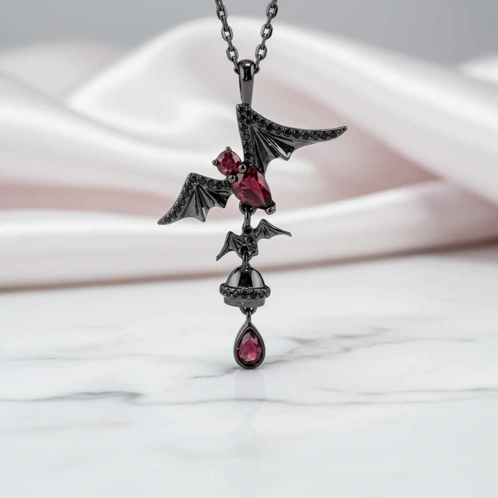 Bat Shaped Garnet Vintage Gothic Punk Necklace