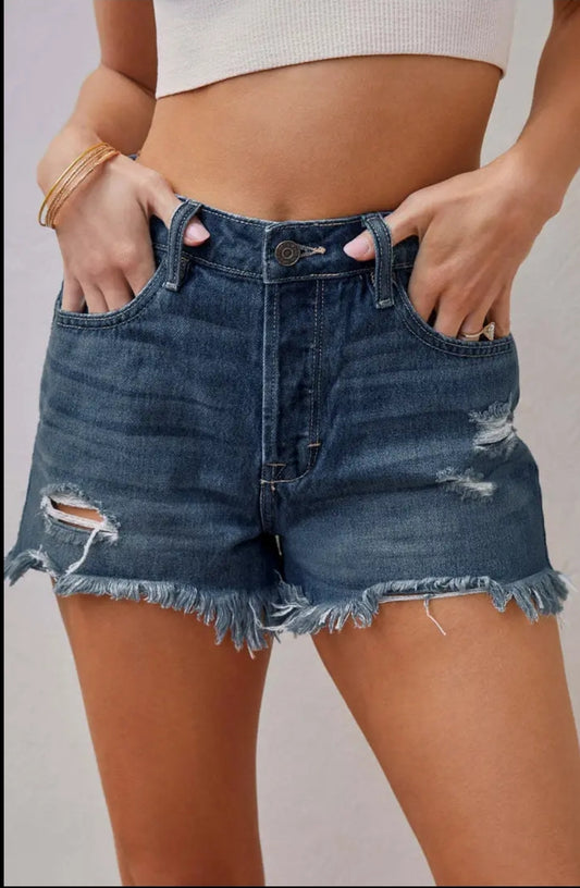 Vintage Med Wash Fringe Edge Bermuda Denim Shorts
