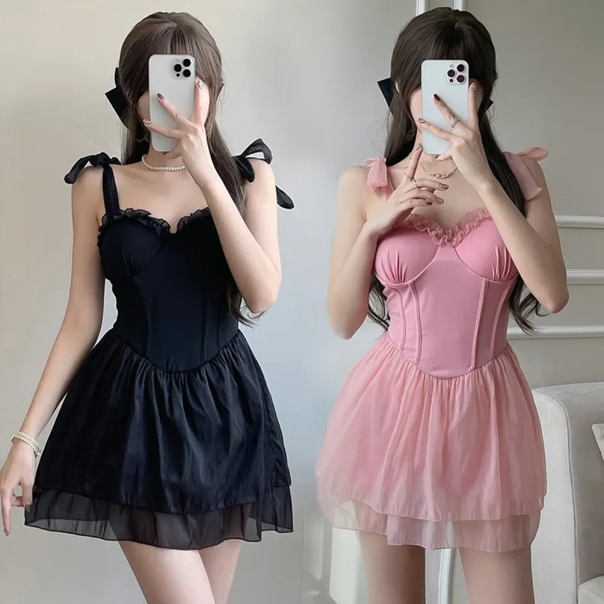 Ruffle Corset Swimsuit Dress – Korean Sweet One-Piece Swimwear