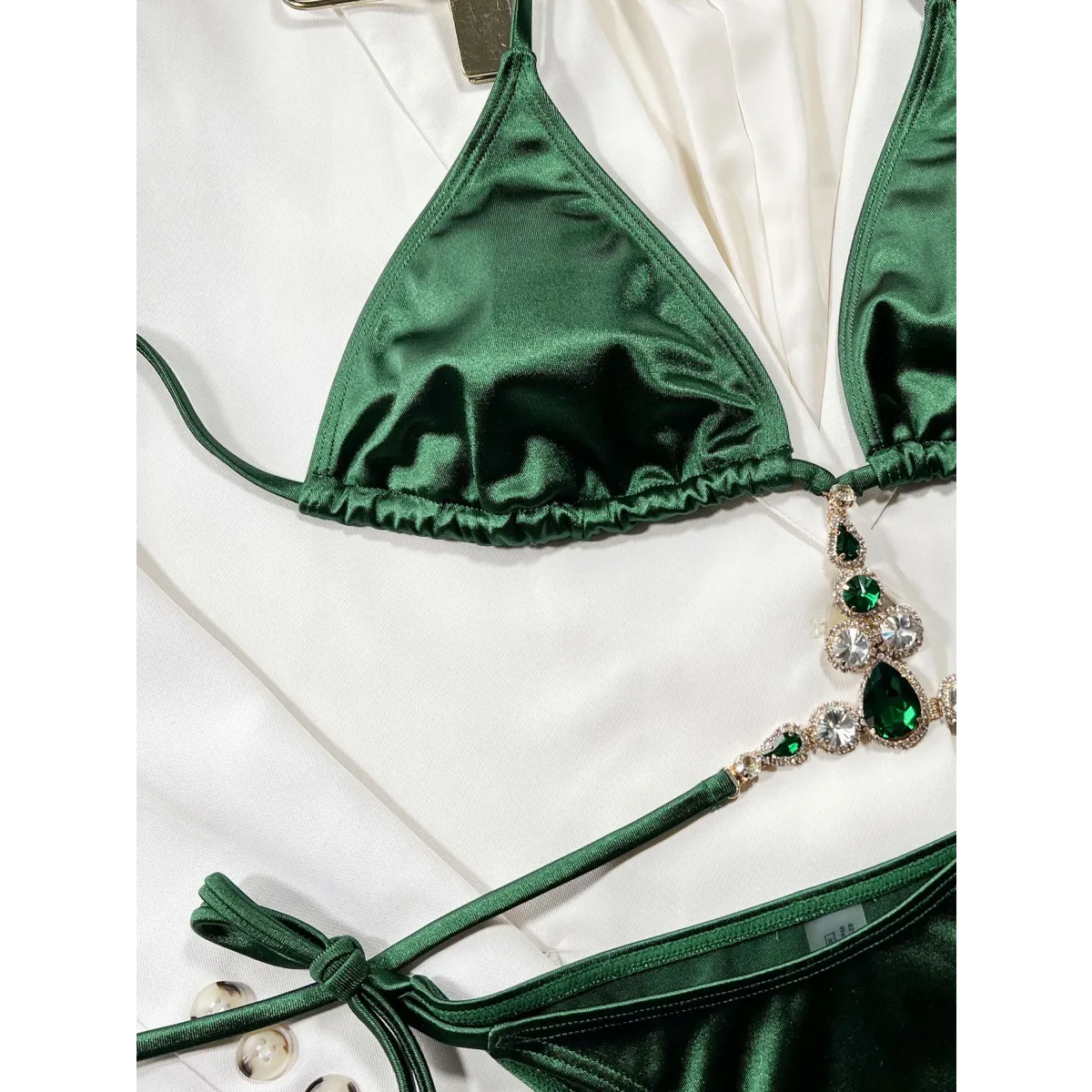 Satin Rhinestone Bikini Set – Sexy Halter Tie Beach Swimwear