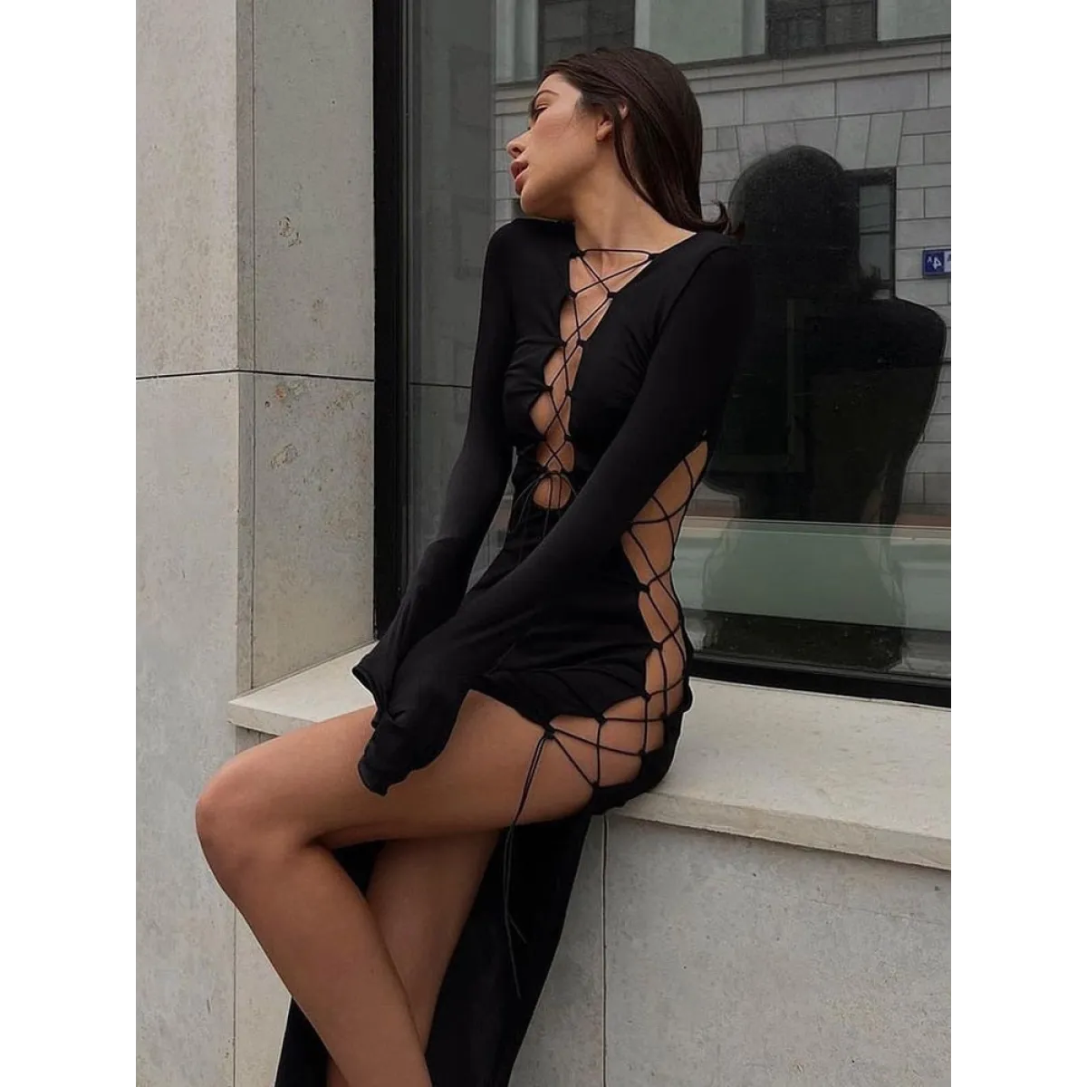 Sexy Lace Up Long Sleeve Dress
