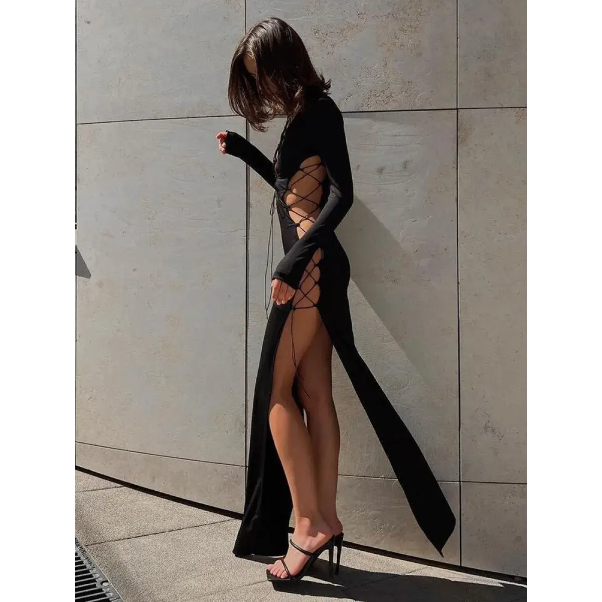 Sexy Lace Up Long Sleeve Dress