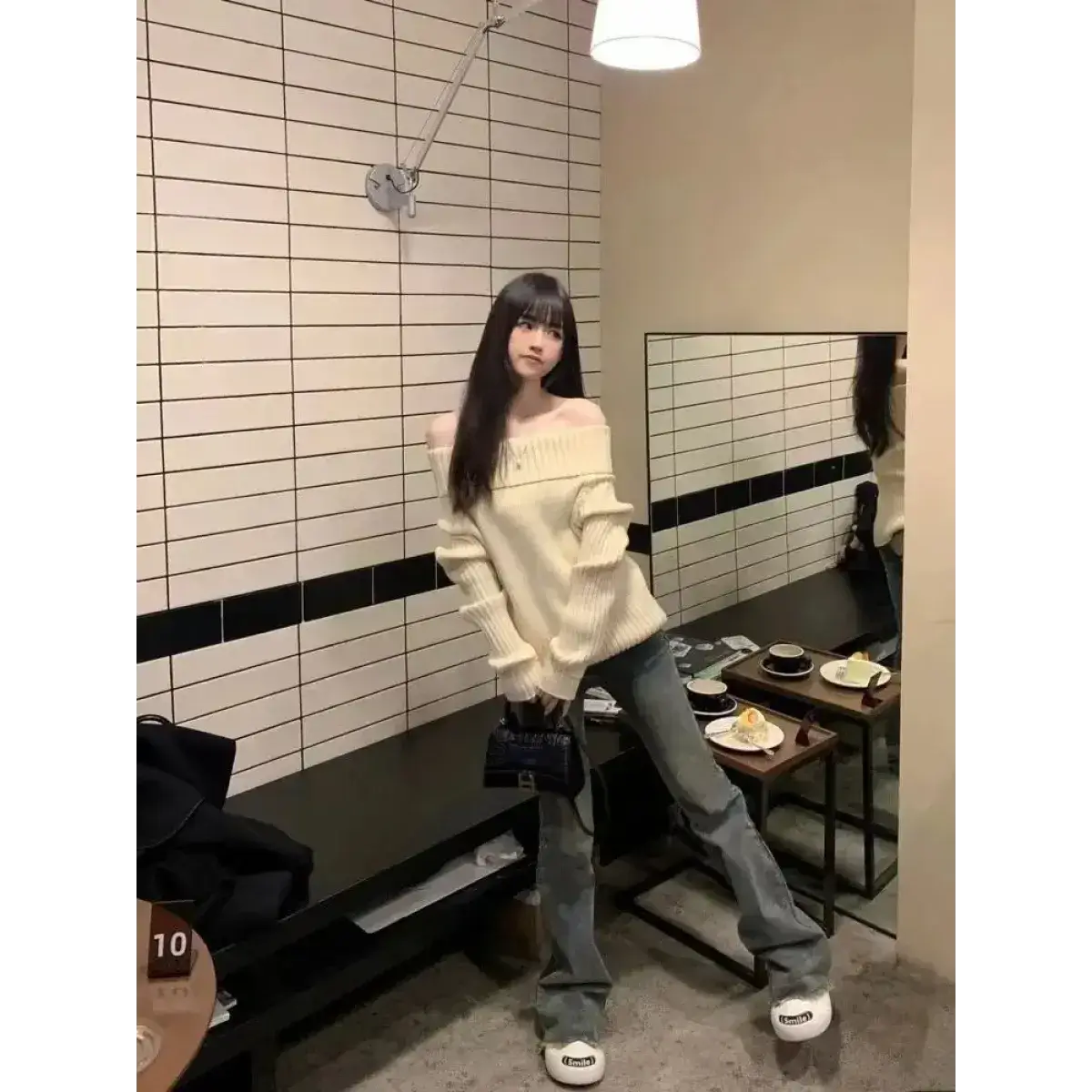 Beige Off Shoulder Knit Sweater – Elegant Harajuku Long Sleeve Pullover