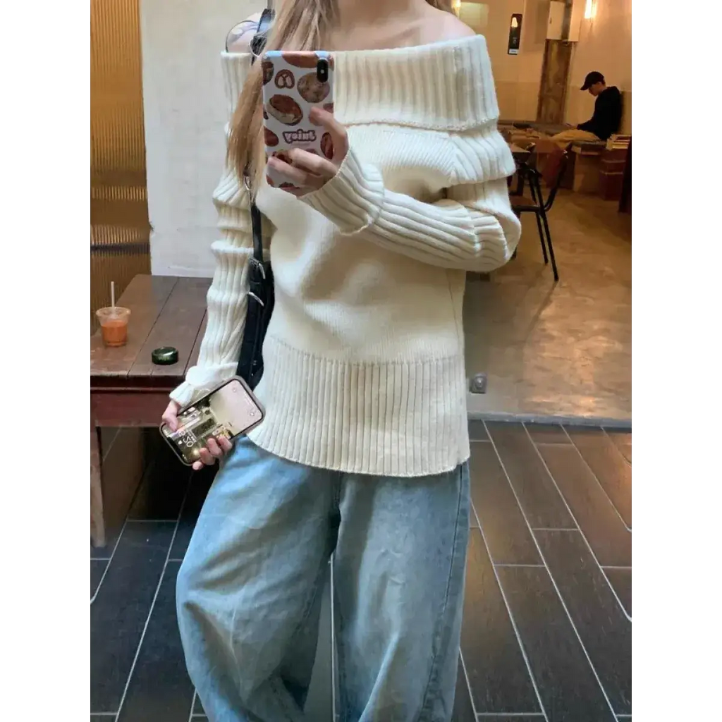Beige Off Shoulder Knit Sweater – Elegant Harajuku Long Sleeve Pullover