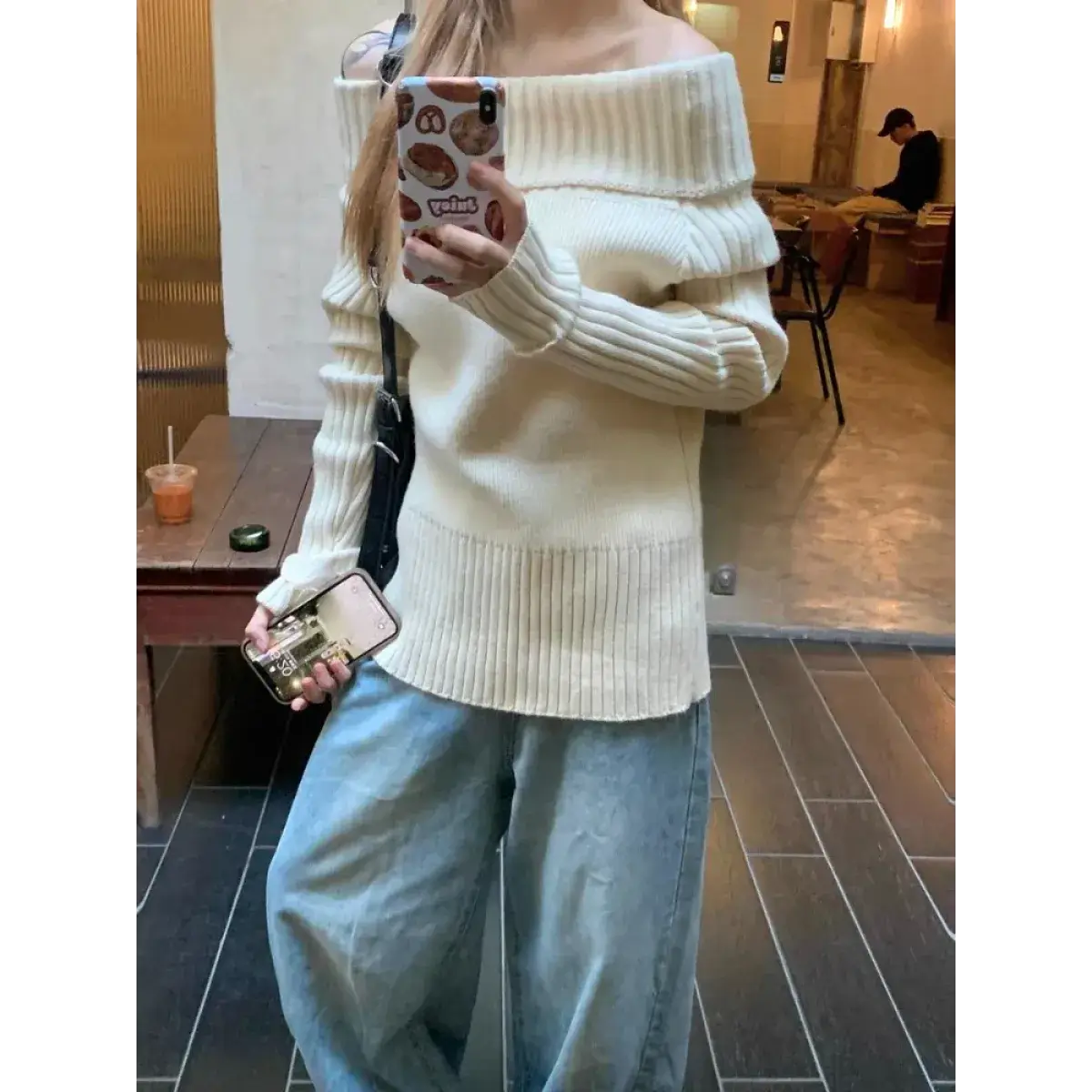 Beige Off Shoulder Knit Sweater – Elegant Harajuku Long Sleeve Pullover