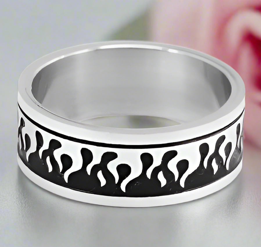 Silver & Black Gothic Flame Stainless Steel Ring
