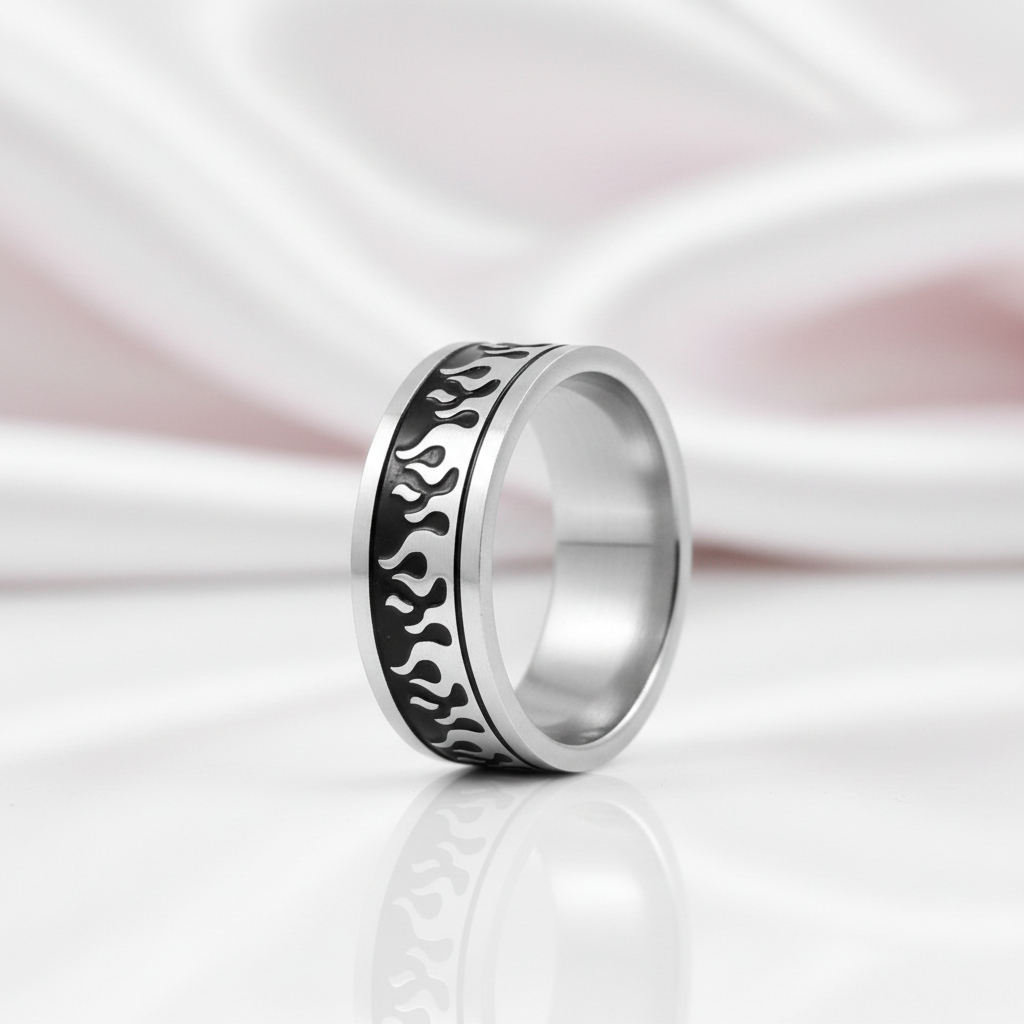 Silver & Black Gothic Flame Stainless Steel Ring