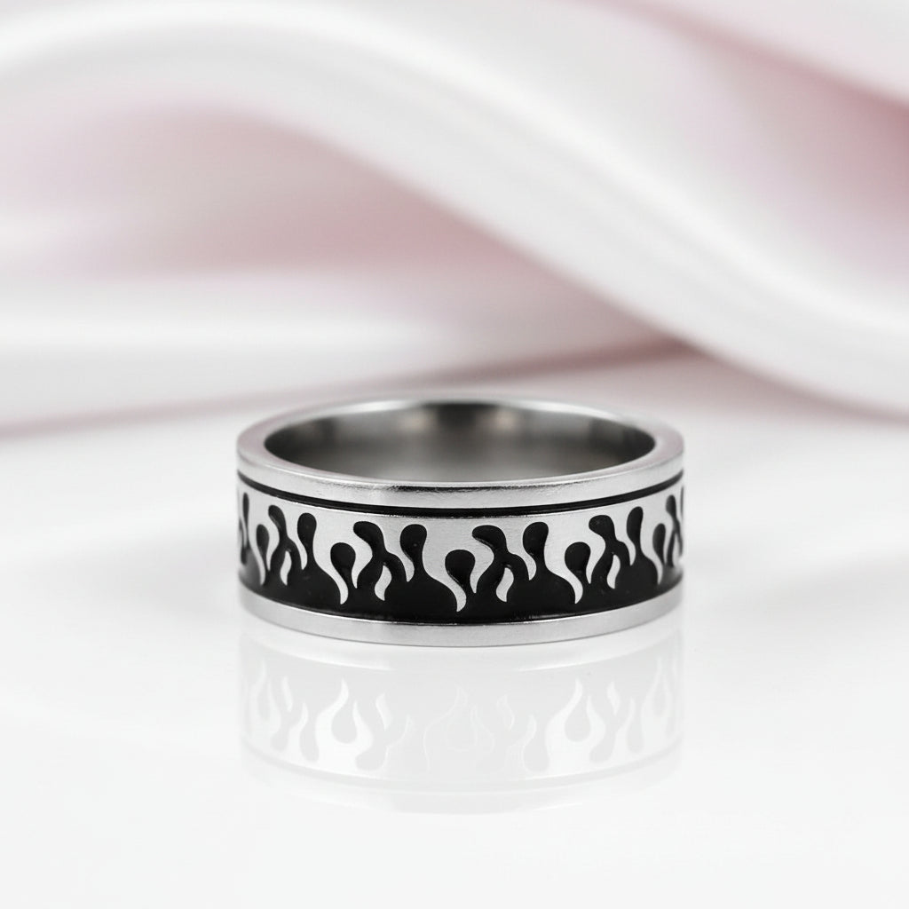 Silver & Black Gothic Flame Stainless Steel Ring