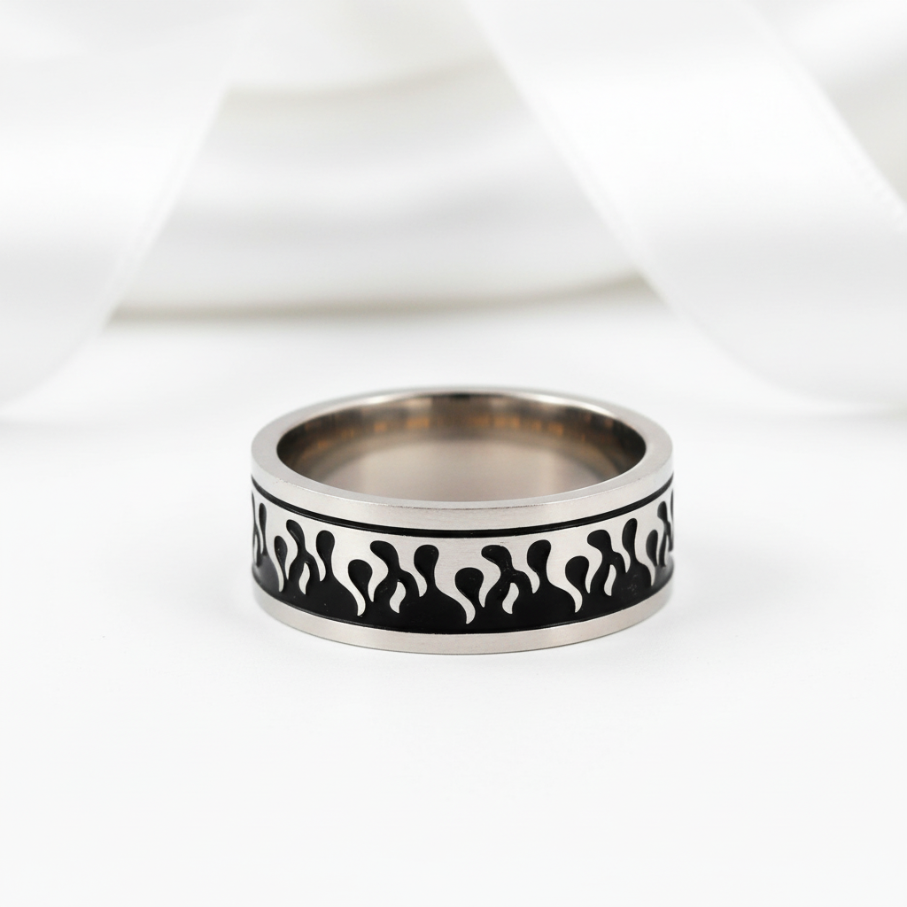 Silver & Black Gothic Flame Stainless Steel Ring
