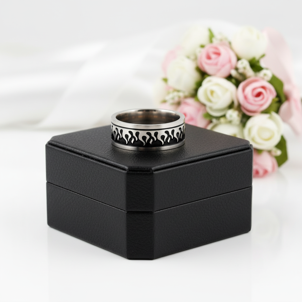 Silver & Black Gothic Flame Stainless Steel Ring