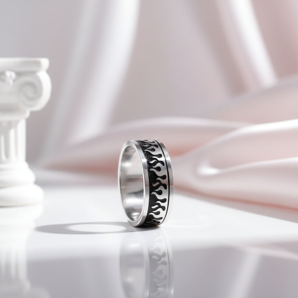 Silver & Black Gothic Flame Stainless Steel Ring