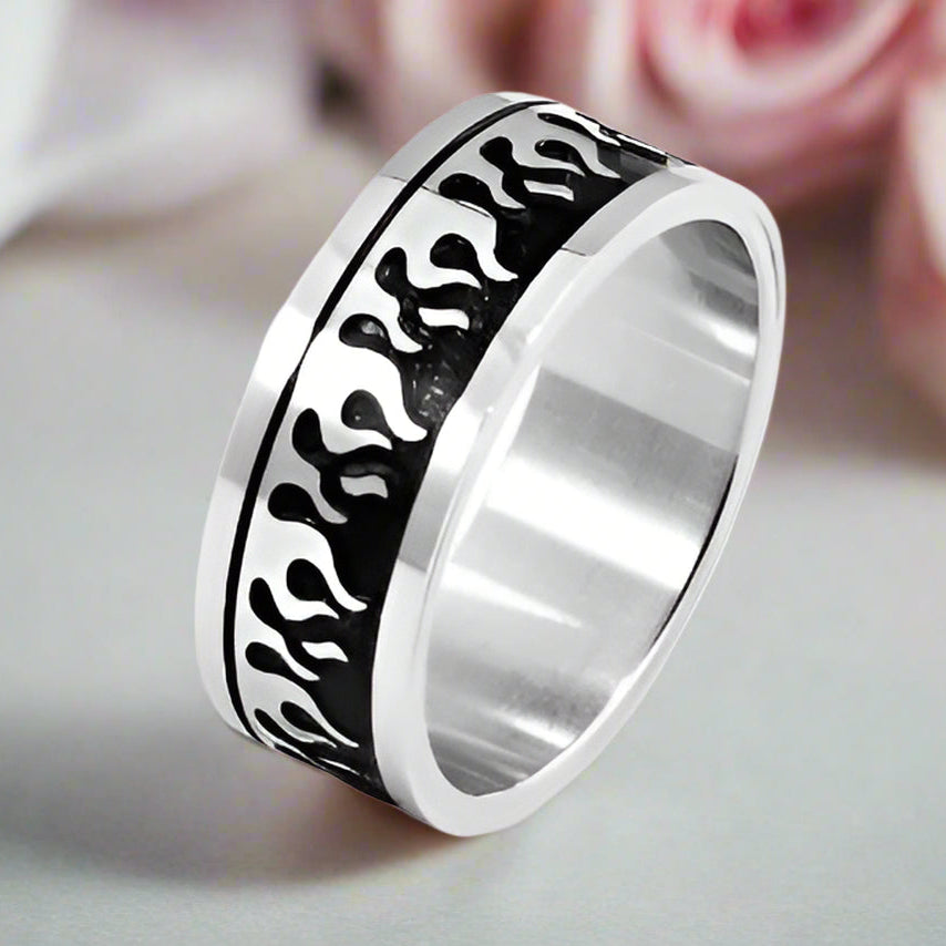 Silver & Black Gothic Flame Stainless Steel Ring