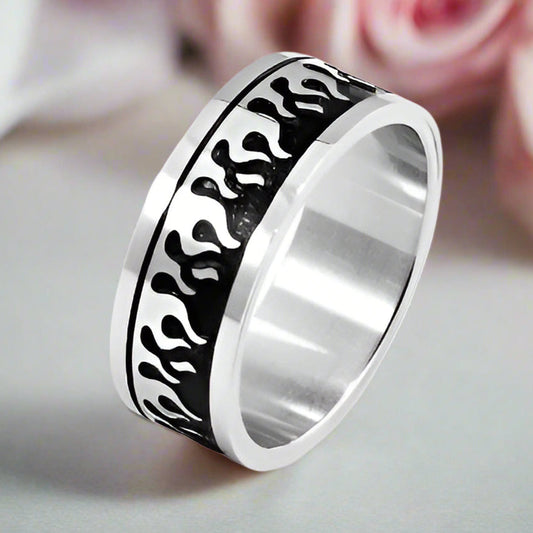 Silver & Black Gothic Flame Stainless Steel Ring