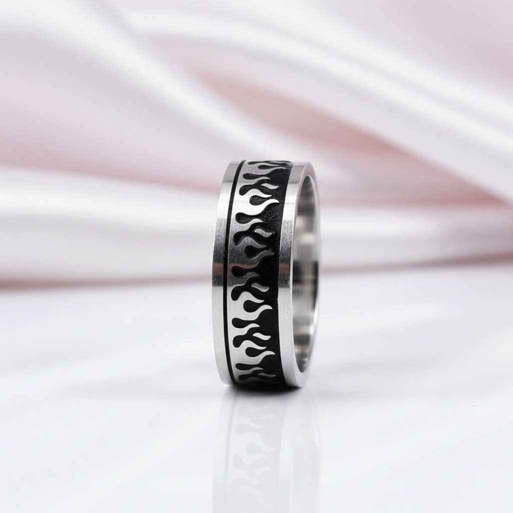 Silver & Black Gothic Flame Stainless Steel Ring