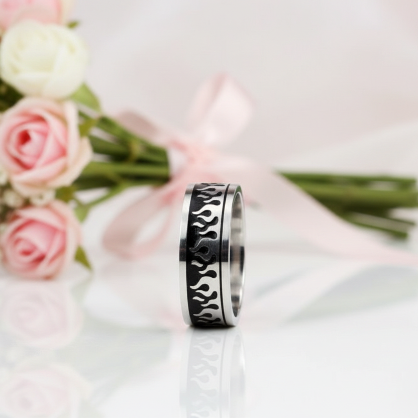 Silver & Black Gothic Flame Stainless Steel Ring