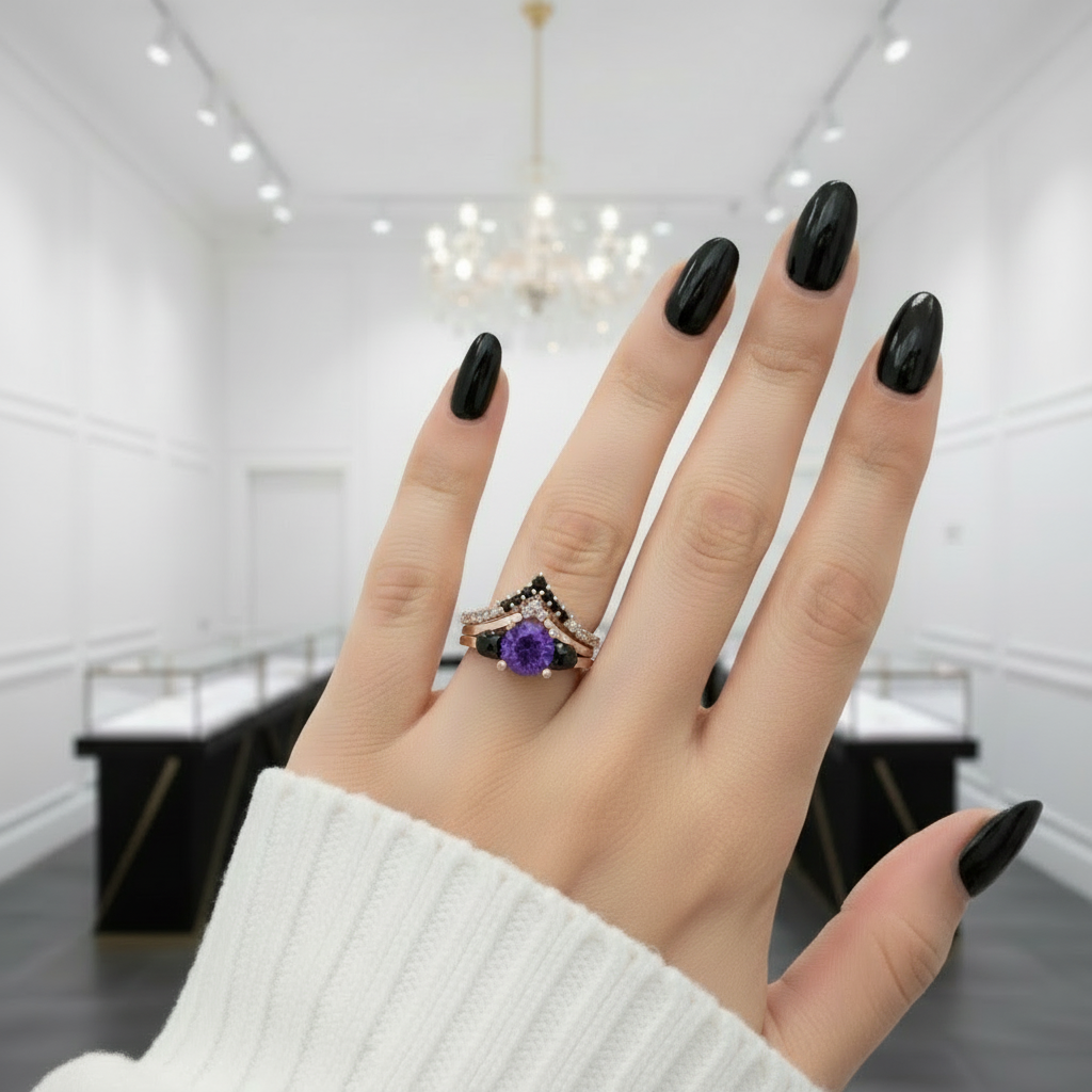 Soulmate- 1ct Violet Round Cut Created Diamond Option Gothic Ring