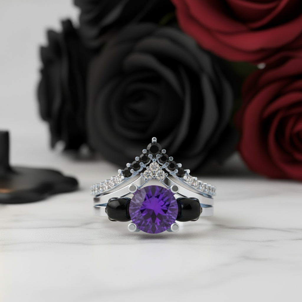 Soulmate- 1ct Violet Round Cut Created Diamond Option Gothic Ring