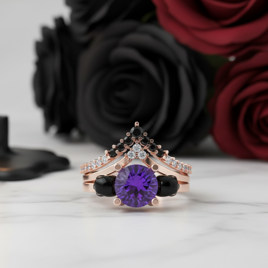 Soulmate- 1ct Violet Round Cut Created Diamond Option Gothic Ring