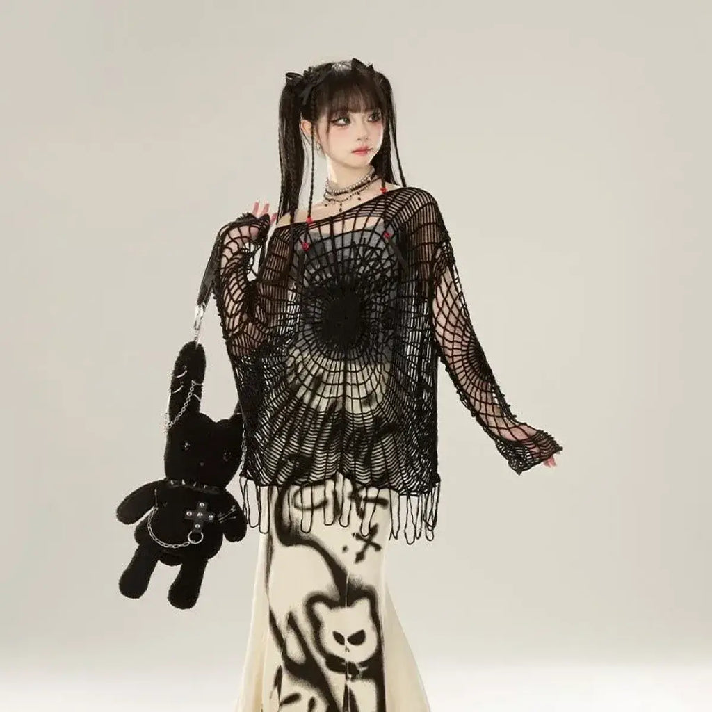 Spider Web Knit Sweater – Y2K Off Shoulder Grunge Pullover
