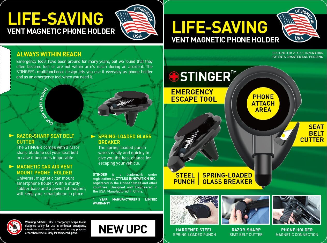 Stinger Car Vent Mount Magnetic Phone Holder Emergency Tool (Black)