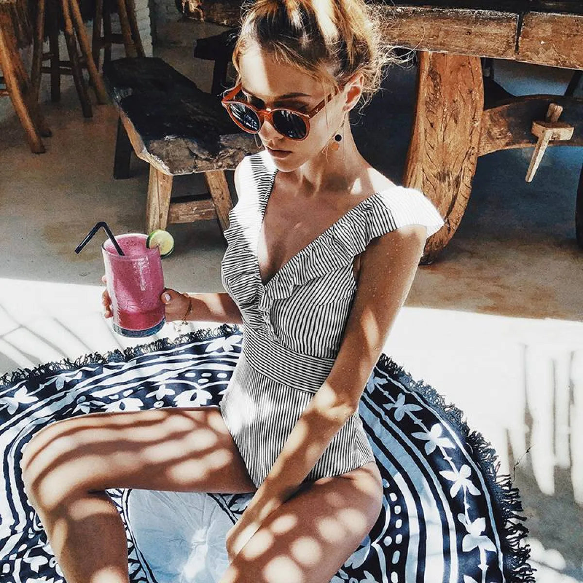 Striped Ruffled Swimsuit
