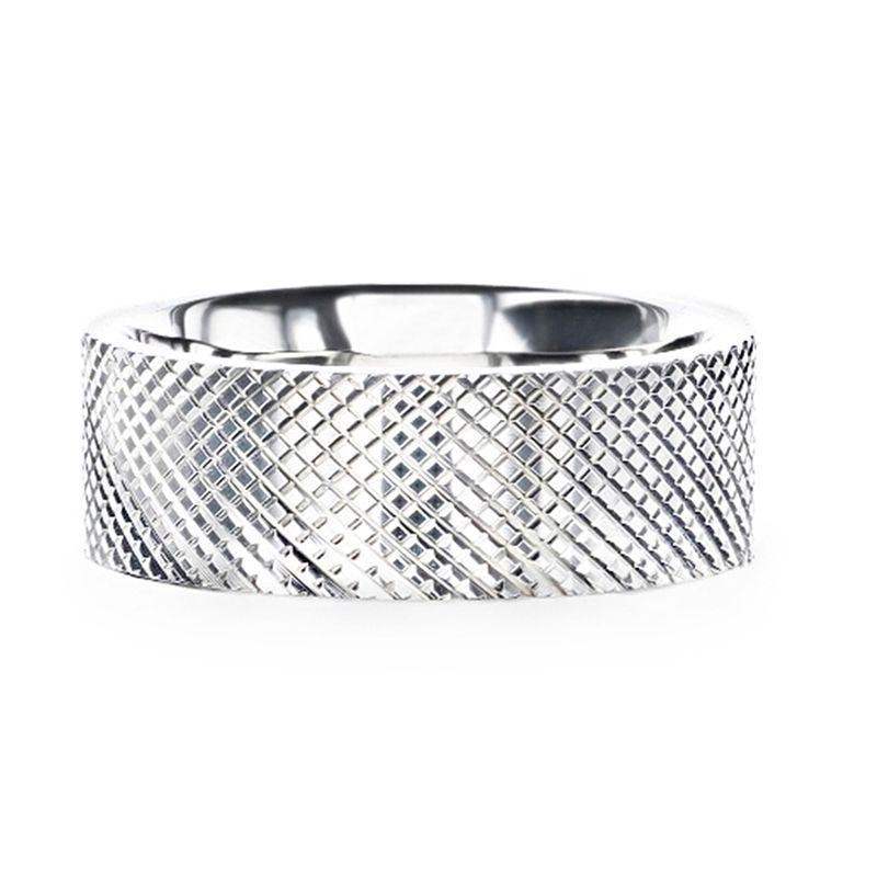 NOBLE Silver Cross-Hatched Finish Flat Style Wedding Band - 4mm & 8mm