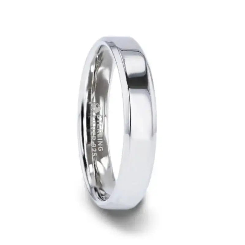 LUCY Sterling Silver Polished Flat-Center Women’s Wedding Band with Beveled Edges - 4mm