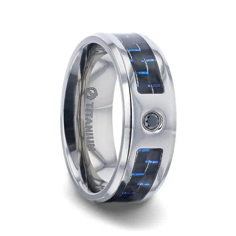 PACIFIC Black And Blue Carbon Fiber Inlaid Titanium Men's Wedding Band With Beveled Polished Edges and Black Sapphire Center Stone - 8mm