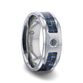 PACIFIC Black And Blue Carbon Fiber Inlaid Titanium Men's Wedding Band With Beveled Polished Edges and Black Sapphire Center Stone - 8mm