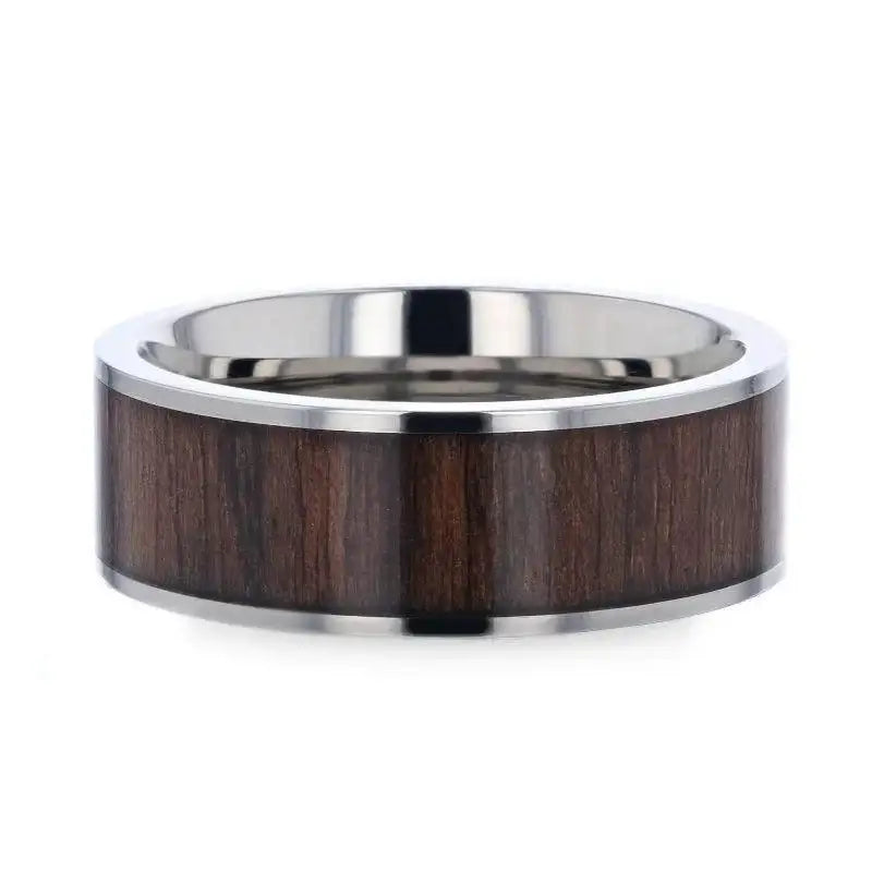 LOGAN Flat Polished Black Walnut Wood Inlaid Titanium Men's Wedding Band With Flat Polished Edges - 8mm