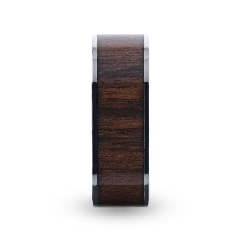 LOGAN Flat Polished Black Walnut Wood Inlaid Titanium Men's Wedding Band With Flat Polished Edges - 8mm