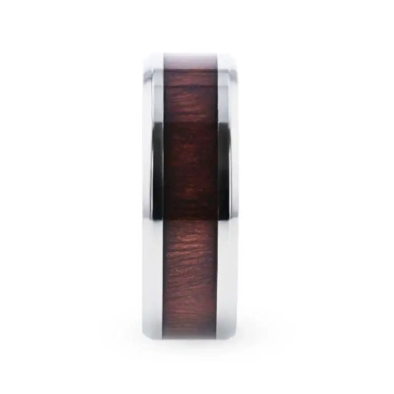 SEQUOIA Redwood Inlaid Titanium Flat Polished Finish Men's Wedding Ring With Beveled Edges - 8mm