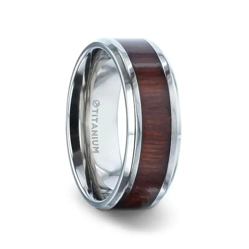 SEQUOIA Redwood Inlaid Titanium Flat Polished Finish Men's Wedding Ring With Beveled Edges - 8mm
