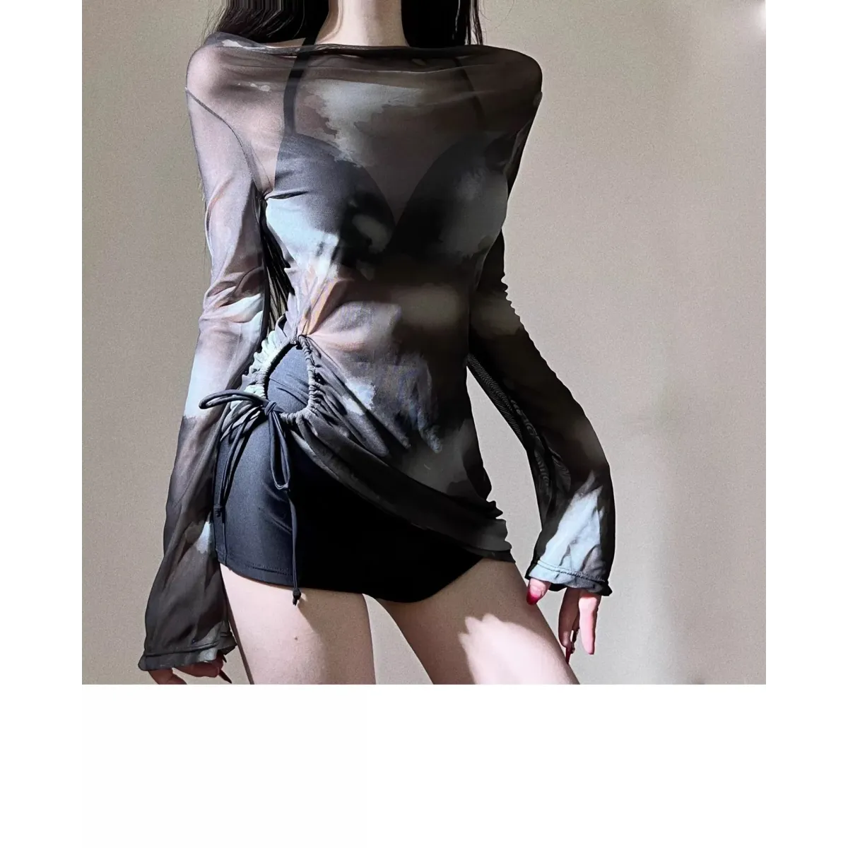 Tie-Dye Bikini Set – Korean Mesh Cover-Up with Drawstring Skirt