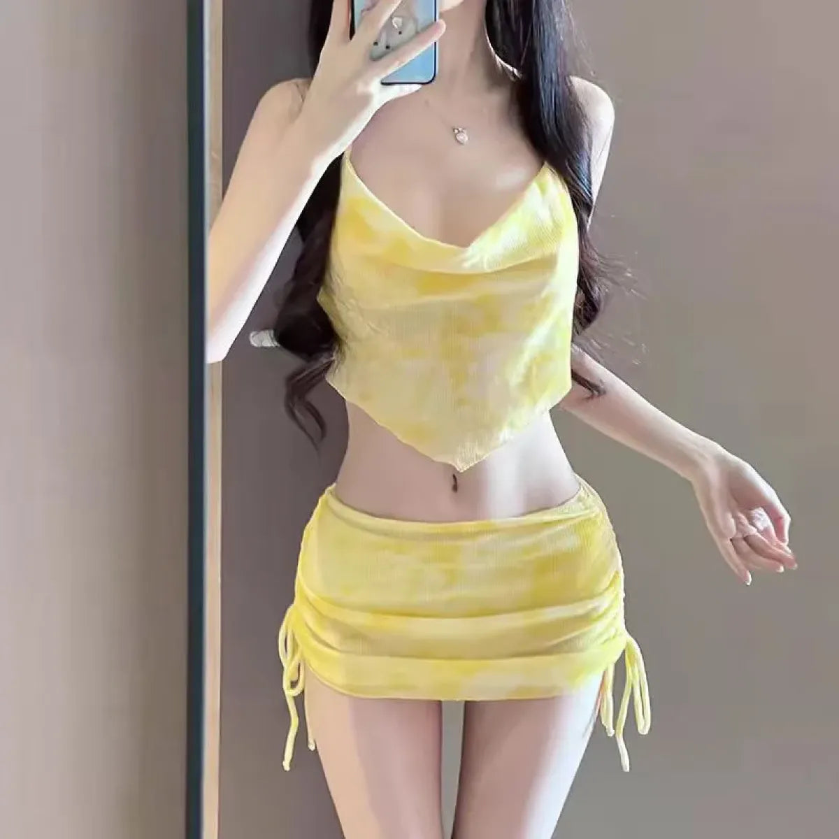 Tie Dye Halter Bikini Set – Kawaii 3pc Swimsuit with Mini Skirt