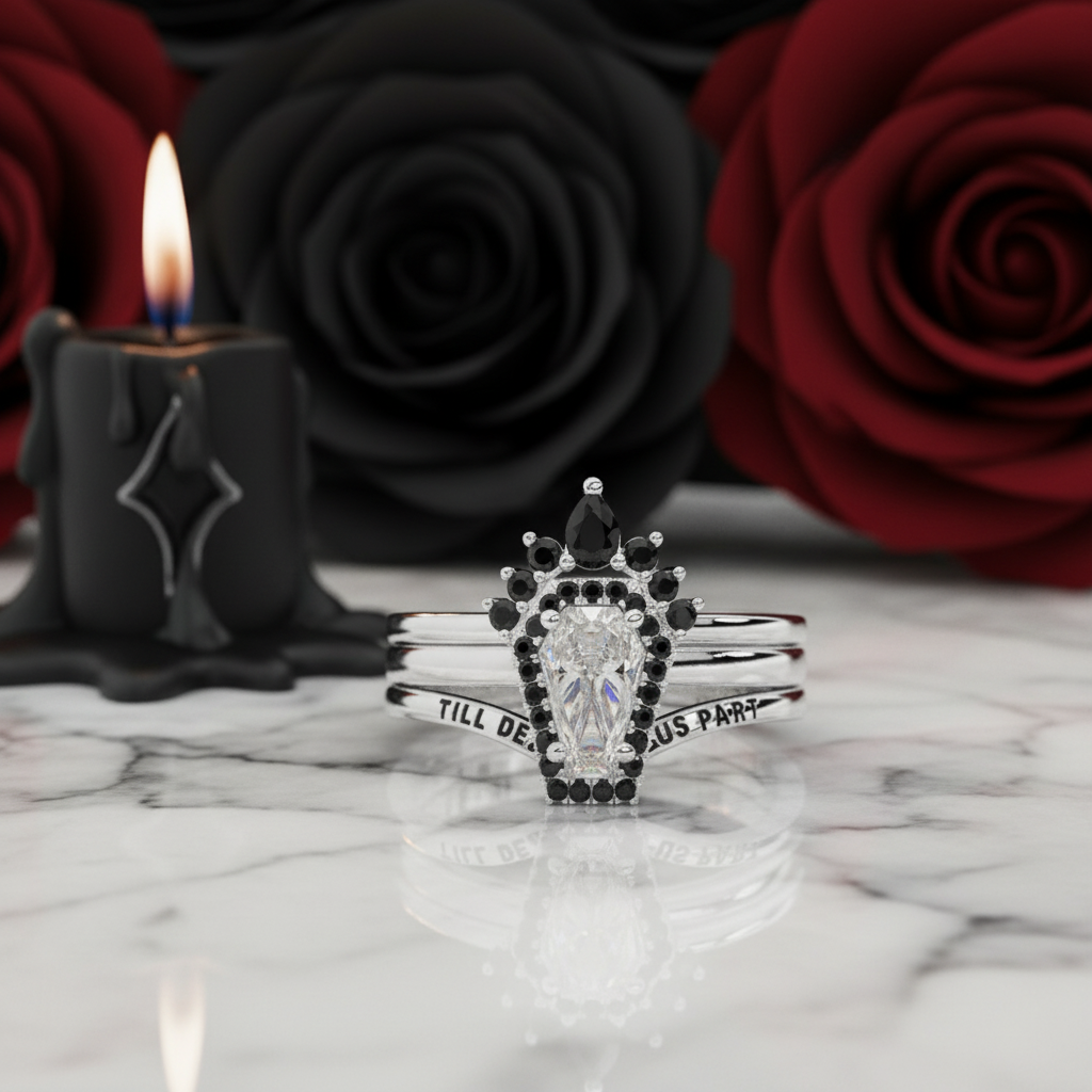 Till Death Do Us Part Rings- Rare Coffin Cut Diamond Option 14k White Gold Ring Set
