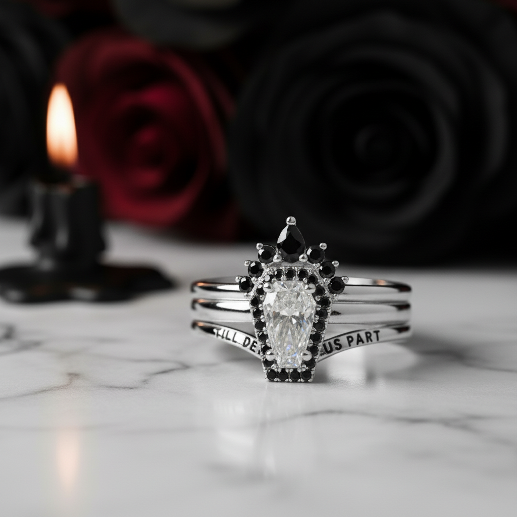 Till Death Do Us Part Rings- Rare Coffin Cut Diamond Option 14k White Gold Ring Set