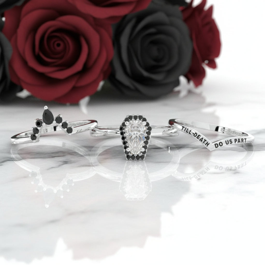 Till Death Do Us Part Rings- Rare Coffin Cut Diamond Option 14k White Gold Ring Set