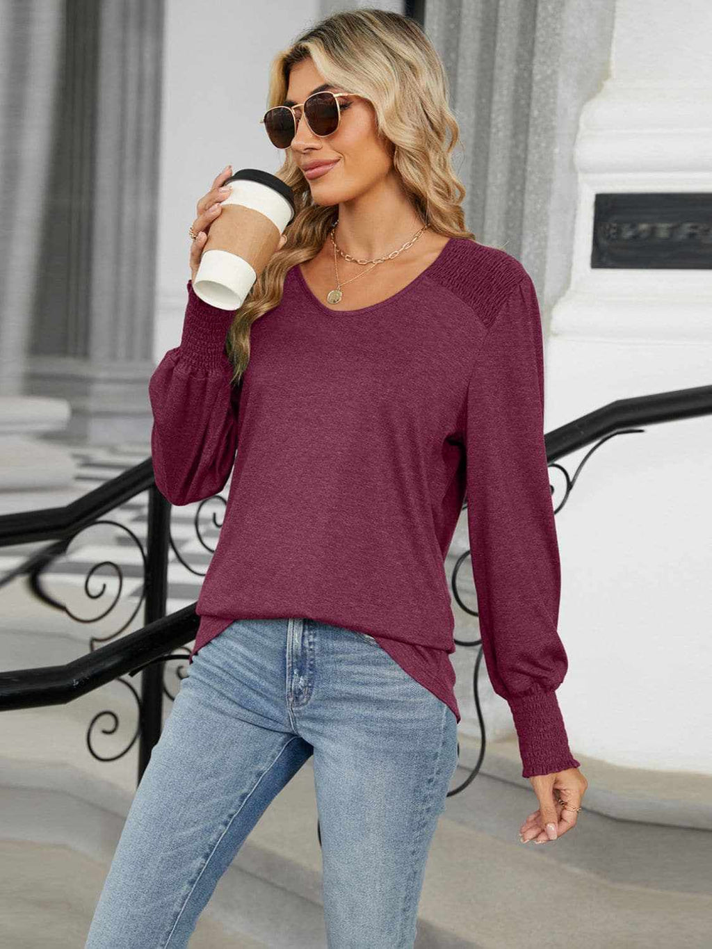 T-Shirts Trendsi Chic V-neck lantern sleeve top