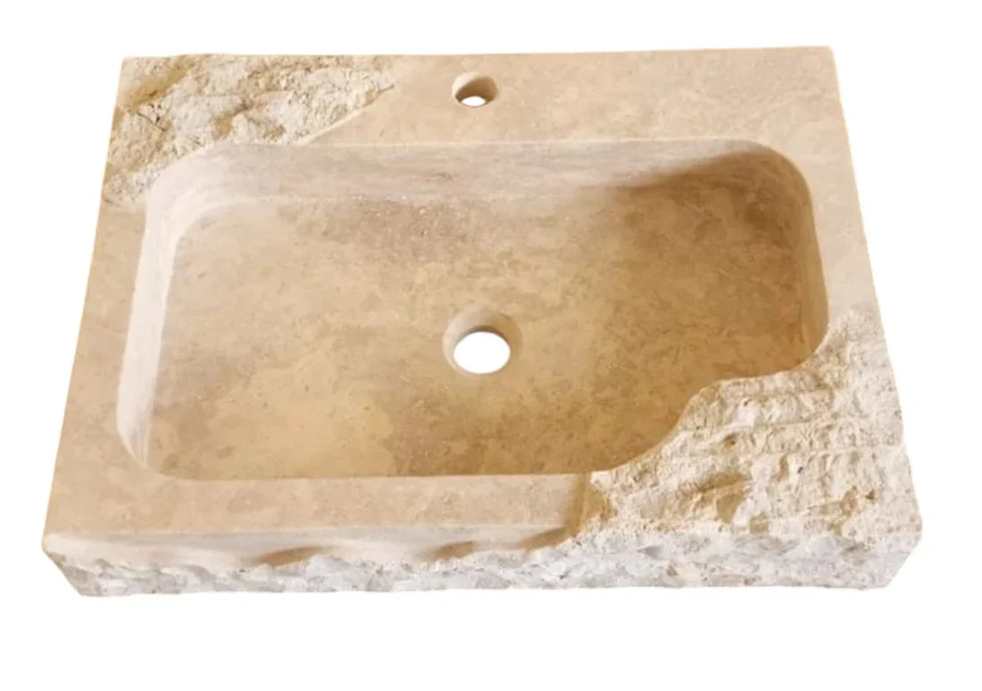 Beige Travertine Rectangular Wall-mount Bathroom Sink Rustic (W)16" (L)24" (H)5"