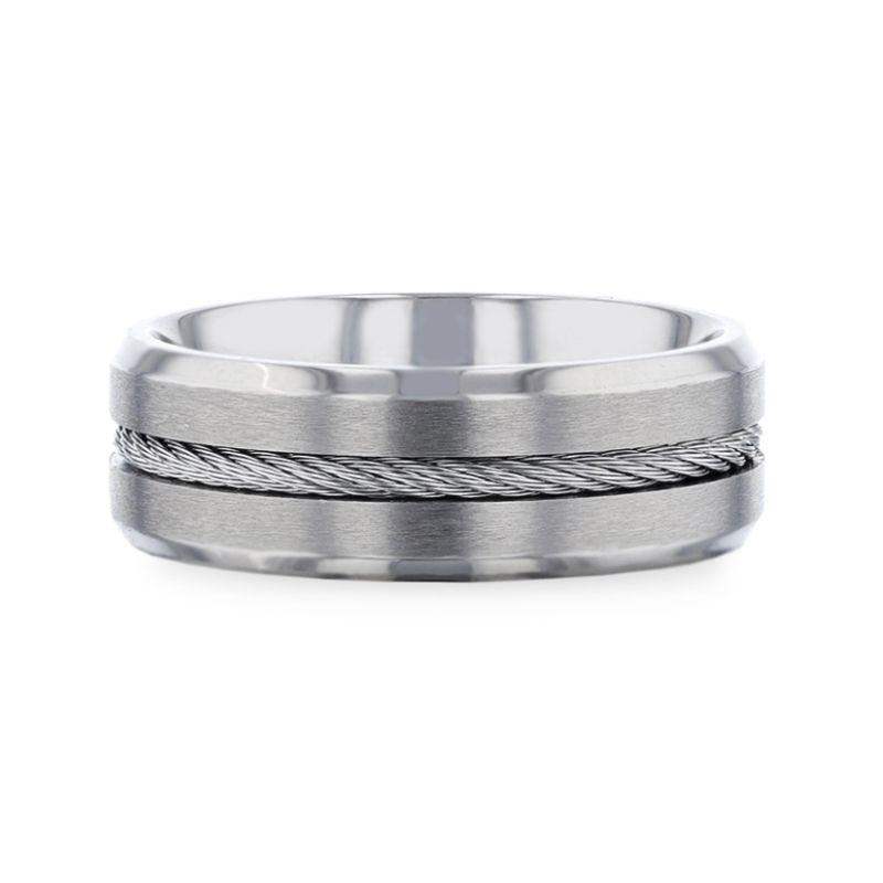 ALBERT Steel Cable Inlaid Brushed Center Titanium Men's Wedding Band With Beveled Polished Edges - 8mm
