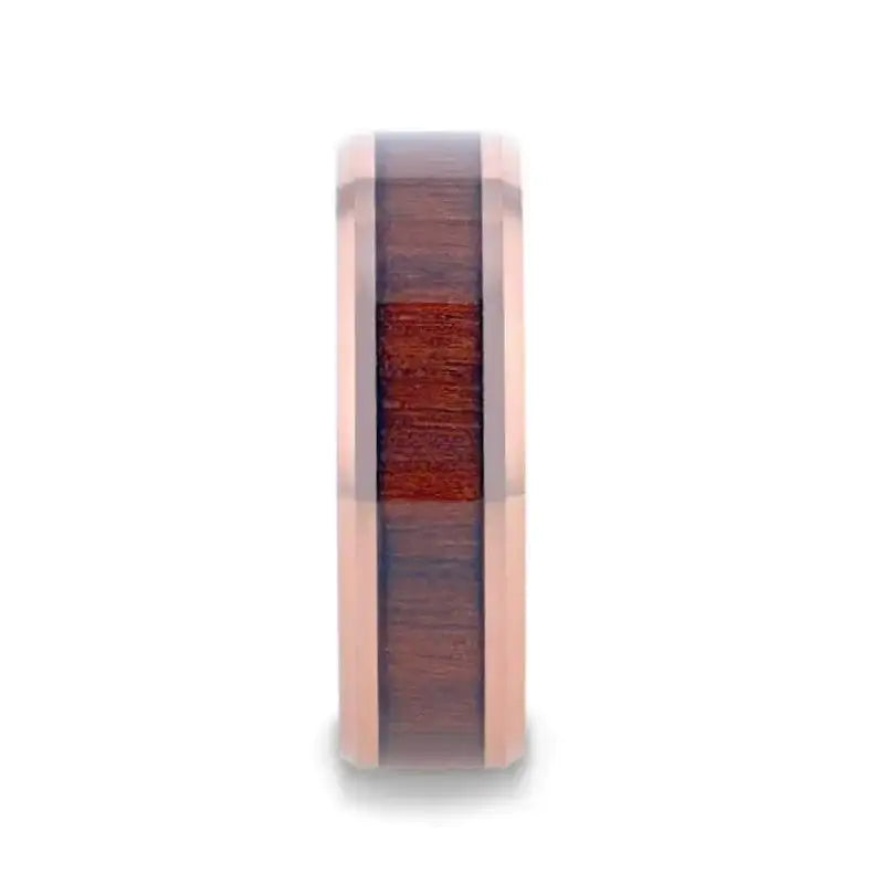 DYLAN Rose Gold Plated Koa Wood Inlaid Tungsten Men's Wedding Band with Beveled Polished Edges - 8mm