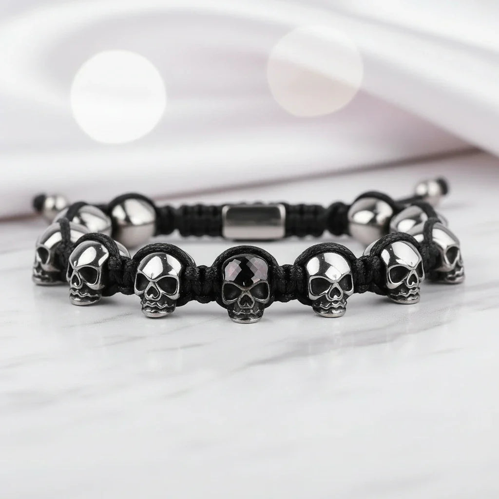 Unisex Skull Beads Gothic Bracelet with Braided Wrap