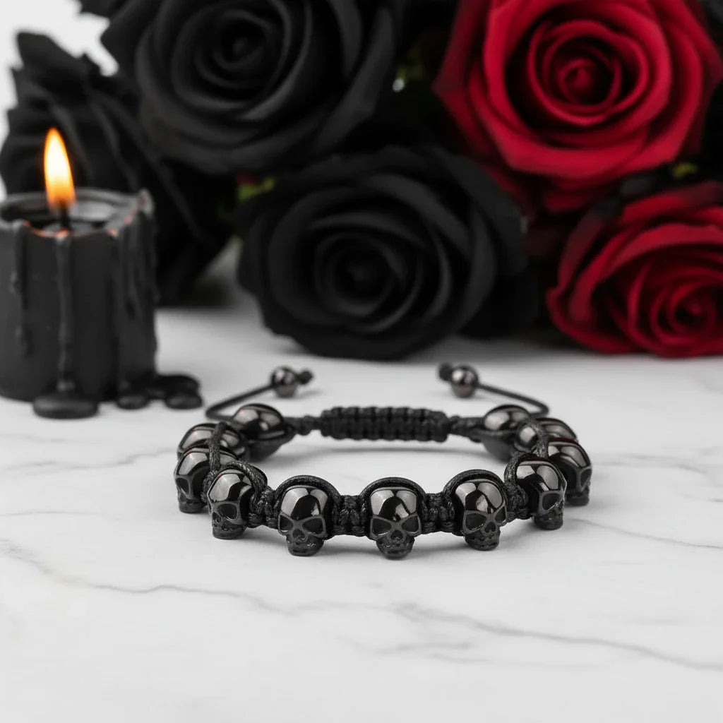 Unisex Skull Beads Gothic Bracelet with Braided Wrap