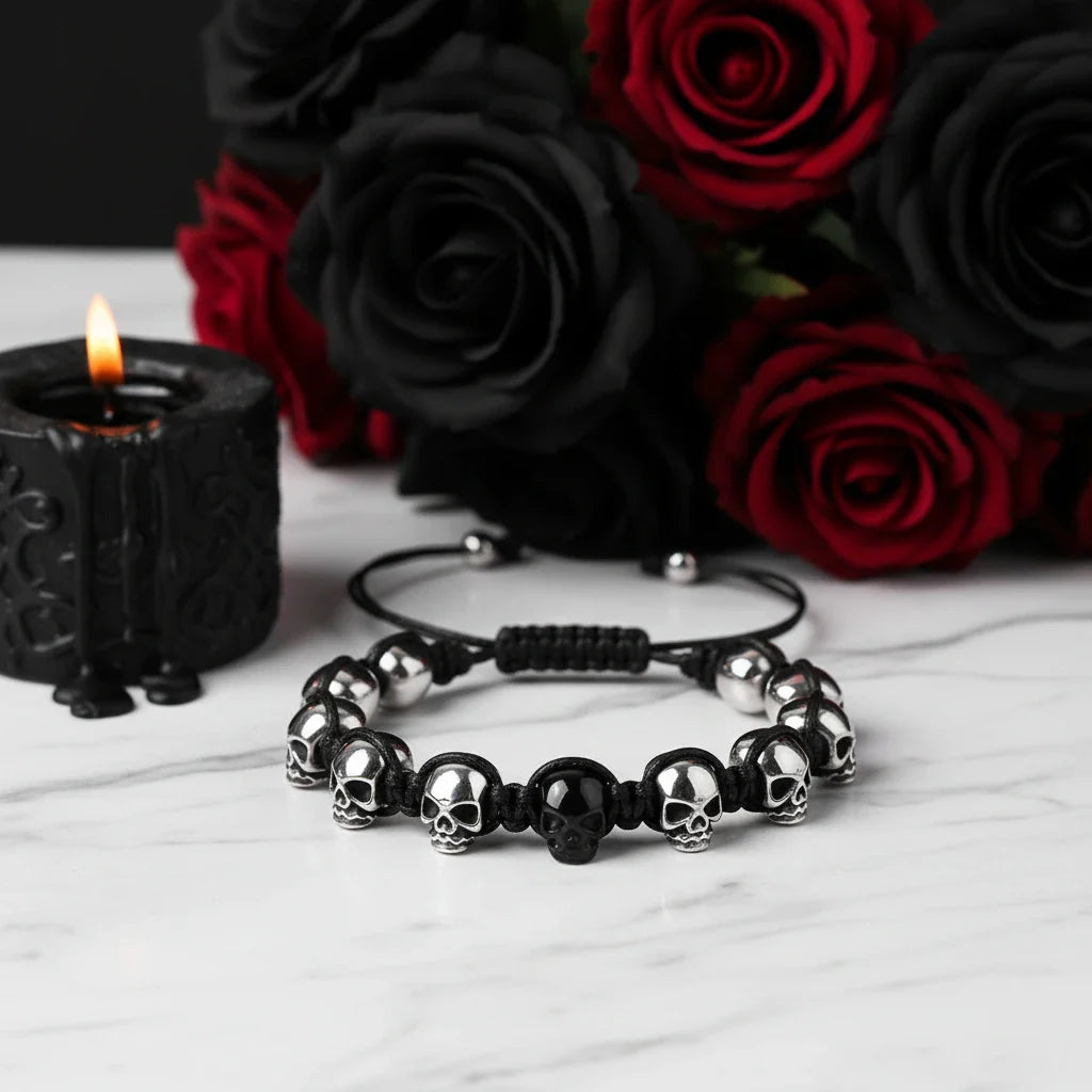 Unisex Skull Beads Gothic Bracelet with Braided Wrap