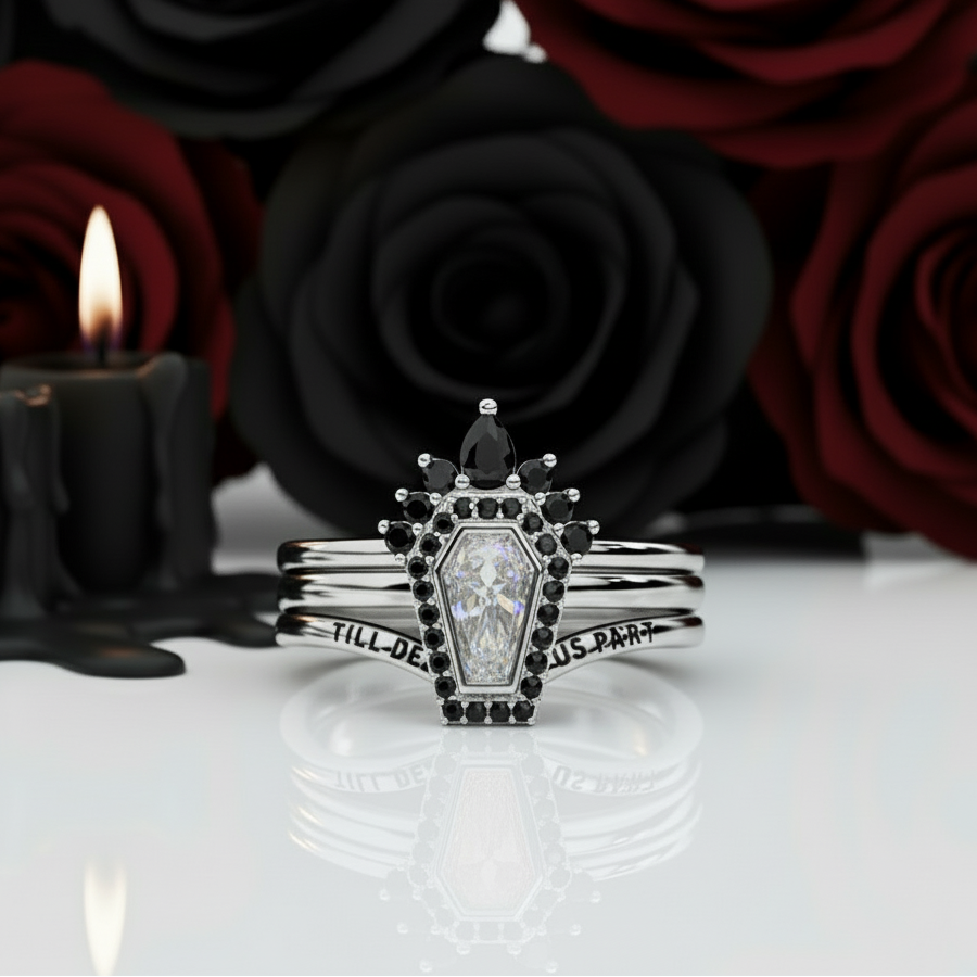 Until Death Rings- Limited Coffin Shape Diamond Option Wedding Rings